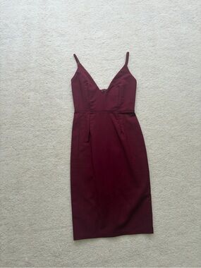 Slim V-Neck Burgundy Midi Dress with Thin Straps